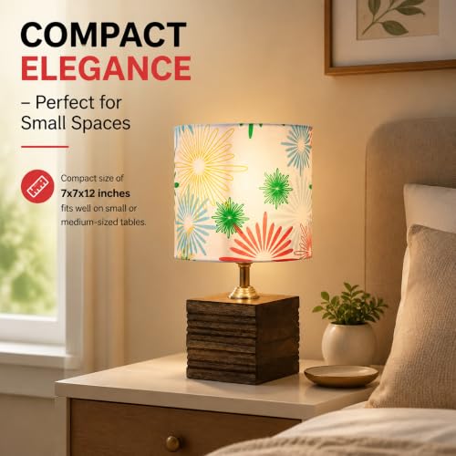 Image of tu casa Bedside Table Lamp Wooden Base Floral Shade Warm Light 12 inch