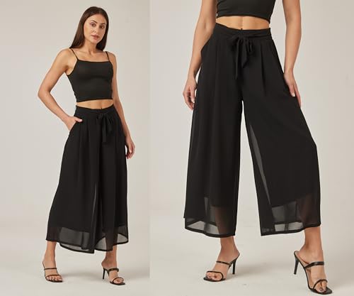 heipeiwa Women's Chiffon Wide Leg Palazzo Pants Summer Capris Crop Culotte Pants with Removable Belt Tie-Knot Beach Outfits2