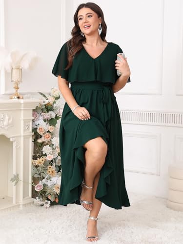 Women Plus Size Long Formal Dress Short Sleeve Chiffon Ruffle V Neck High Low Split Wedding Guest Maxi Dresses4