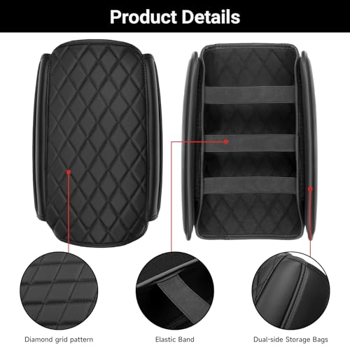 Image of Center Console Armrest Cover Compatible with 2018-2025 2026 Jeep Wrangler JL JLU 2020-2025 2026 Jeep Gladiator JT Accessories Black Leather Arm Rest Lid Protector with Storage Pockets