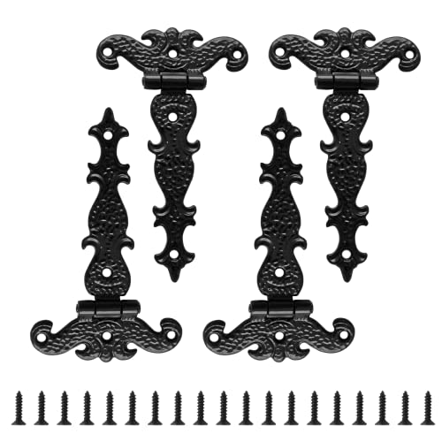 Jiozermi 4 PCS T-Strap Hinges, Black Decorative Door Hinges T-Strap Barn Door Hinges with Screws for Furniture Cabinets Wooden Box Jewelry Case
