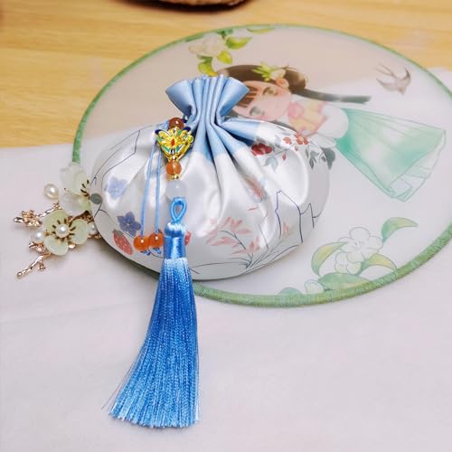 Chinese Hanfu Silk Pouch - Mini Coin Purse, Drawstring Bag, Jewelry & Gift Bag (Blue)2