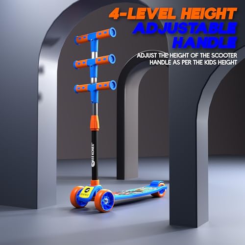 Image of Konex Kick Scooter for Kids (2+ Years) | 3 Broad Rubber Wheels for Smooth Ride | 4-Level Height Adjustable Handle | Foldable & Portable with Back Brake (Blue-Orange, ECO)