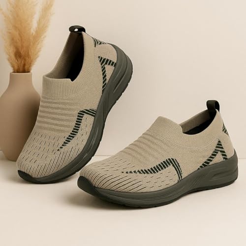 Image of Kids Slip-On Knit Sneakers, Beige with Black Accents, Lightweight Walking Shoes for Kids