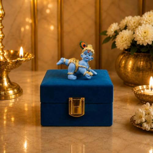 Image of Gold Art India 24K Gold Plated Blue Terracotta Laddu Gopal Idol (2.5 Inch) with Premium Velvet Gift Box | Makhan Chor Bal Krishna Murti for Home Temple, Car Dashboard, Office Desk & Spiritual Gift