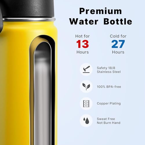 Image of koodee Water Bottle with Straw-22 oz Stainless Steel Vacuum Insulated Water Bottle for Girls Metal Sports Flask for Adult(Yellow)