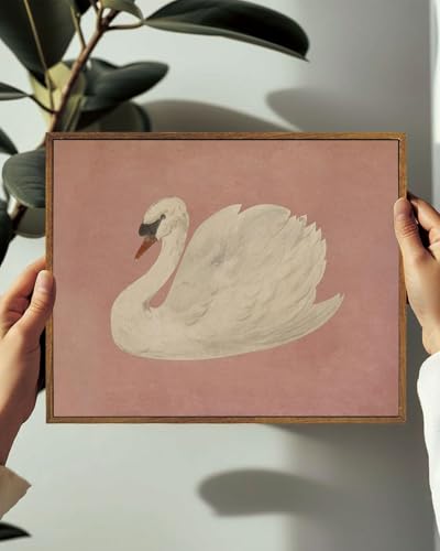 Image of KISSFOX Framed Wall Art Vintage Wall Decor Pink Swan Pictures Retro Animal Canvas Art Rustic Aesthetic Paintings Farmhouse Artwork For Bedroom Living Room Kitchen