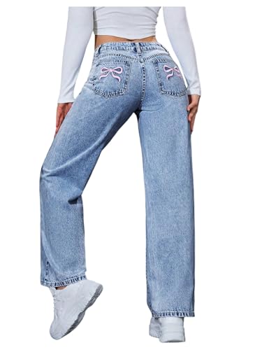 WDIRARA Women's Petite Bow Embroidered Mid Rise Baggy Jeans Y2k Basic Wide Leg Denim Pants