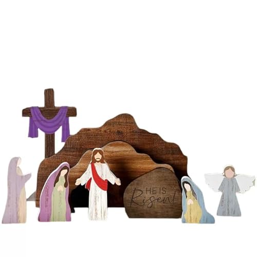 EAZZ Empty Tomb Easter Scene Cross Decoration, Wooden Resurrection Tabletop Decor Set for Religious Home, Office, Shelf & Farmhouse Display