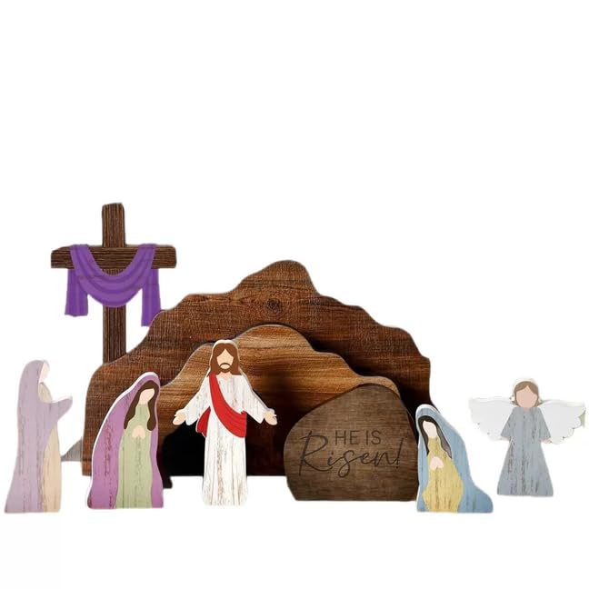 EAZZ Empty Tomb Easter Scene Cross Decoration Wooden Resurrection Tabletop Decor Set for Religious Home Office Shelf & Farmhouse Display
