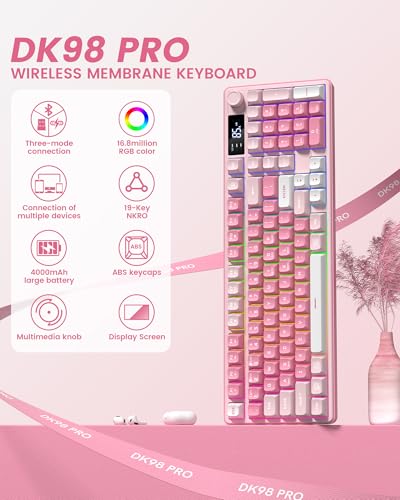 Image of Keymatic Gaming Keyboard Wireless Creamy Keyboard with Media Knob & Screen Cute Keyboard Mechanical Feeling with Number Pad RGB Backlit Tri-Mode BT /2.4GHz /USB-C - Pink