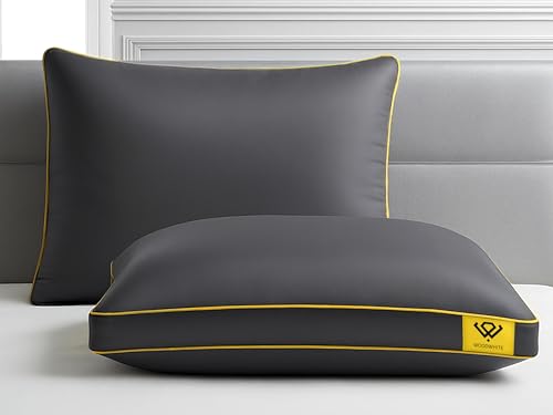 WOODWHITE Gusset Grey Pillow Set of 2 with Special Double Yellow Trim | Extra 2” Pushback | 3 Months Warranty | Plush Comfort | 41 x 61 Cm