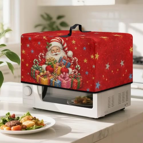 Image of Microwave Oven Dustproof Cover Christmas Theme Convection Oven Cover Protector Compatible with Various Small Kitchen Appliances, L, Vintage Santa Claus Print Red
