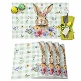 Easter Placemats Set of 6, Bunny Floral Placemat for Dining Tableations, Washable Cotton Linen Green Buffalo Plaid Place Mats, Spring Flower Table Mats for Kitchen Dinner Seasonal Holiday Party Decor