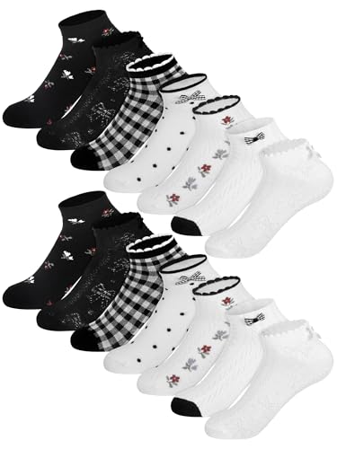7 Pairs Women's Ruffle Low Ankle Socks - Lace & Frilly Cute Breathable Cool Thin Socks