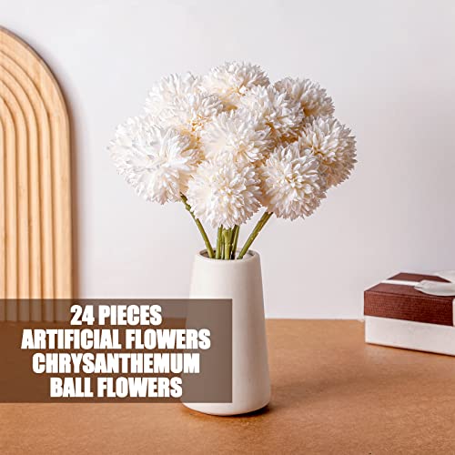 24 Pcs Chrysanthemum Flowers Artificial Ball Flowers Bouquet Long Stem Flowers Chrysanthemum Faux Flowers Hydrangea Boho Floral Tables Centerpieces For Home Kitchen Wedding Party Decorations (White) #TOP1