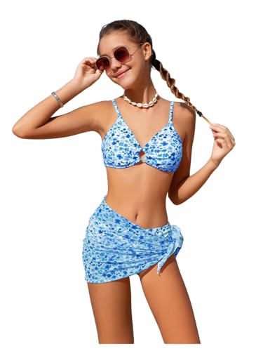 Image of OYOANGLE Girl's 3 Piece Bikini Sets Floral Print Spaghetti Straps Cute Swimsuits with Beach Skirt Bathing Suits