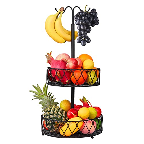 DUGEHO Corbeille à Fruits à 2 étages Avec Support de Banane, Panier Fruit,Cuisine Quotidienne, Moderne, Corbeille à Fruits Pratique, En Métal (Noir) Cover