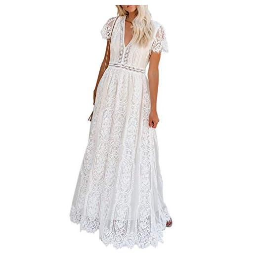 BLENCOT Womens Casual Floral Lace Deep V Neck Short Sleeve Long Evening Dress Cocktail Party Maxi Wedding Dresses Bohemian Flowy Boho Dress White X-Large