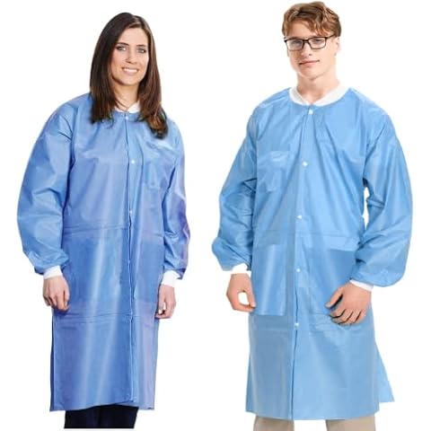 MEDICAL NATION Case of 50 Disposable Lab Coats - Blue - Durable SMS Knee Length Lab Coat Unisex, Comfortable Easy to Wear Labcoat, For Hospitals, Pharmacies, Laboratories, Dental Clinics - 2X-Large Cover