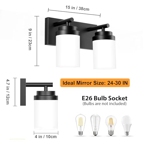 Image of IZORRO Bathroom Vanity Light Fixture, 2-Light 15 Inch Matte Black Bathroom Light Fixtures Over Mirror, with White Glass Shade, Modern Farmhouse Vanity Lights, Rustic Restroom Lighting Fixtures
