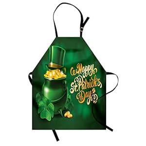 Ambesonne St Patricks Day Apron Large Pot of Gold Leprechaun Hat Shamrocks Greetings 17th March Unisex Kitchen Bib with Adjustable Neck for Cooking Gardening Adult Size Gold Emerald