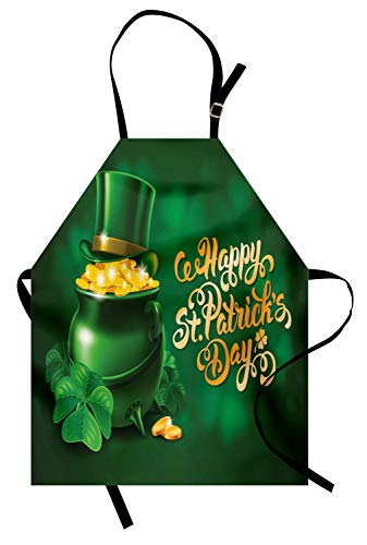 Ambesonne St Patricks Day Apron Large Pot of Gold Leprechaun Hat Shamrocks Greetings 17th March Unisex Kitchen Bib with Adjustable Neck for Cooking Gardening Adult Size Gold Emerald