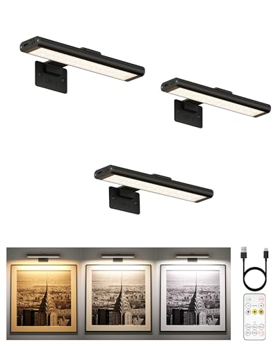 EZVALO Picture Light for Wall, Rechargeable 2400mAh Battery Lights Wireless Remote, 3 Color & Dimmable Magnetic 8'' LED Lights Display for Painting, Living Room, Gallery, Bedroom, Dashboard(Black-3P)
