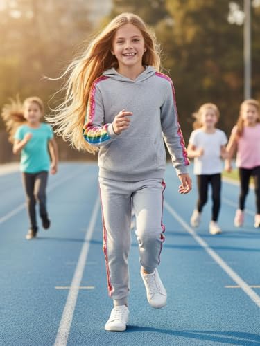 Image of WELAKEN Girls 2 Piece Outfit Rainbow Sequin Striped Sweatshirt & Sweatpants Clothing Set