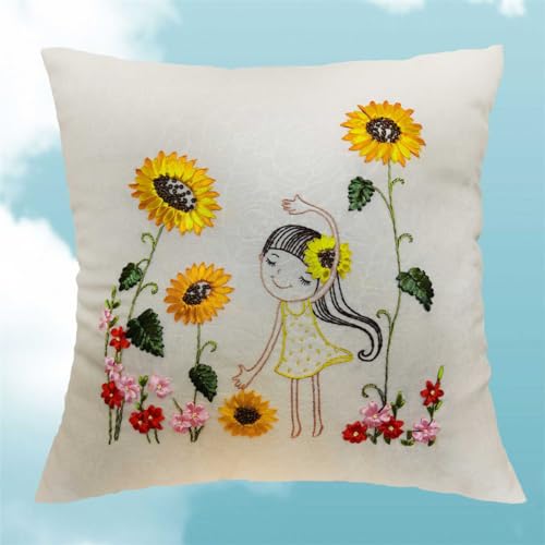 Kit broderie ruban de soie 3D tournesol et fille pour coussin blanc 45x45cm