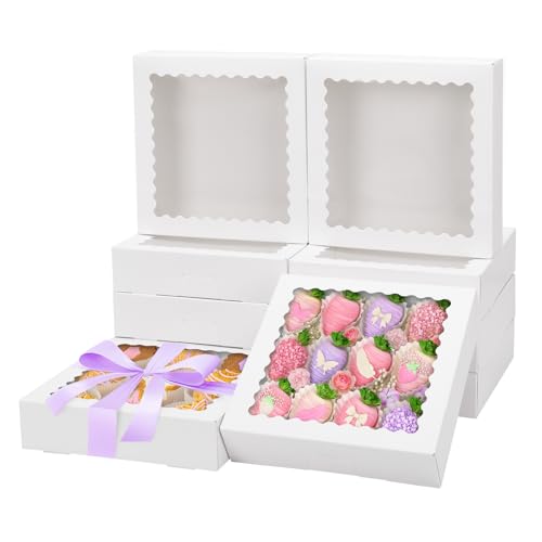 Moretoes 12pcs Bakery Boxes, 8x8x2 Inches Auto-Popup Cookie Boxes with Window, White Treat Containers for Chocolate Strawberries, Donuts, Desserts, Pastries