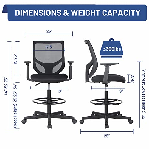Tall Office Chair, Drafting Chair, High Adjustable Standing Desk Chair, Ergonomic Mesh Computer Task Table Chairs With Adjustable Armrests And Foot-Ring For Standing Desk And Bar Height Desk #TOP2