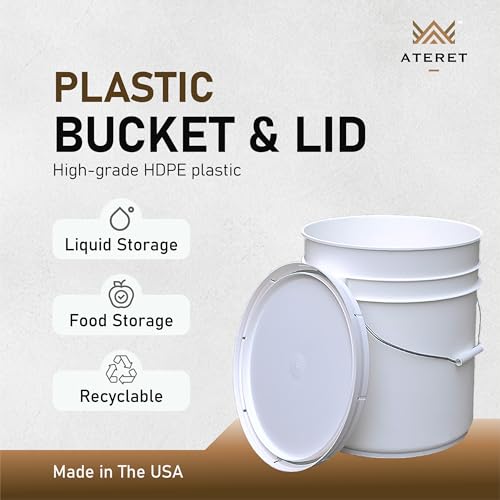 ATERET 5 Gallon White Bucket & Lid - Durable 90 Mil All Purpose Pail - Food Grade - BPA Free Plastic - Made in USA (6 Pack) - Thumbnail 3