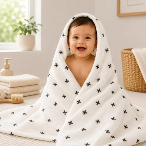Image of 100% Cotton Muslin Baby Swaddle & Bath Towel, 120 x 120 cm (47 x 47 Inches), Soft & Breathable Newborn Baby Swaddle Wrap, Lightweight Cotton Baby Blanket, 0-18 Months, Coconut + Black Plus, Set of 2