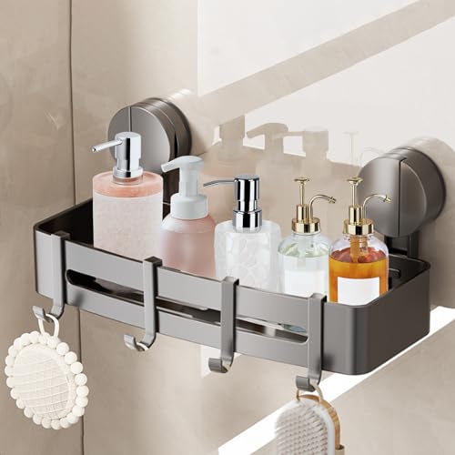 LURICO Étagère de douche à ventouse sans perçage avec 4 crochets de 32 cm de long, capacité de charge de 10 kg, avec support de shampooing amovible et...