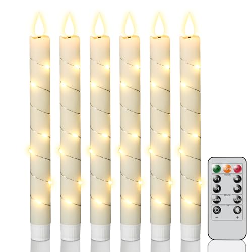 Image of Flameless Taper Candles with Remote and Embedded String Lights, Real Wax LED Taper Candles Battery Operated, 6 Pcs Flameless Candlesticks for Halloween Wedding Home Decor(Ivory, 0.78 inch x 9.8 inch)