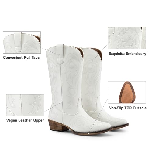 DREAM PAIRS Women's Cowboy Boots Mid Calf Cowgirl Boots Square Toe Chunky Heel Embroidery Stitched Western Boots,Size 11,White,SDMB2403W