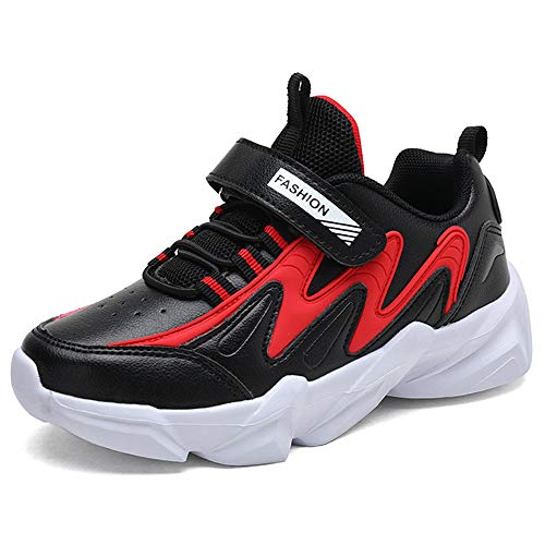 HSNA Zapatillas Niños Velcro Zapatos de Gimnasia para Caminar Ligero Trainers Kids(Negro y Rojo 35 EU)