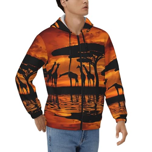 Sweat à capuche zippé homme en polyester doux motif arbre majestueux africain et girafe S-3XL