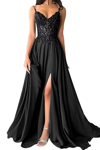 Damen Chiffon Ballkleider Lang V-Ausschnitt Spitzenapplikationen Brautjungfernkleid A-Linie Abendkleider mit Schlitz