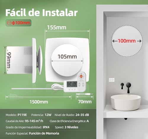 Miniatura 7 de Bumsou Extractor De Baño 100mm, 5 Modos, 3 Velocidades, Mando A Distancia, Pantalla En Tiempo Real De Temperatura Y Humedad, Ventilador Extractor Con Temporizador, Silencioso Potente Para Cocina Qu119