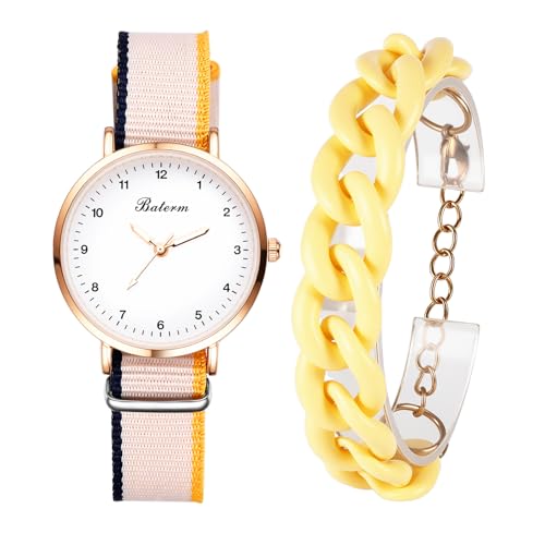 JewelryWe 2 Stück Damenuhr Armband Set: Klassische Einfache Analog Quarz Armbanduhr mit Beige Canvas Stoffarmband Damen Uhr mit Harz Armkette Armreif Schmuckset Verstellbar Geschenk für Frau Mädchen JewelryWe 2 Stück Damenuhr Armband Set: Klassische Einfache Analog Quarz Armbanduhr mit Beige Canvas Stoffarmband Damen Uhr mit Harz Armkette Armreif Schmuckset Verstellbar Geschenk für Frau Mädchen