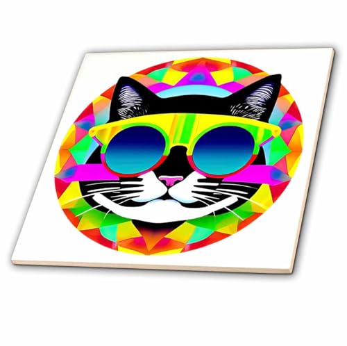 6 Inch Glass Tile - Funny cat in Sunglasses Positive Round Family Friendly Gift or Charm Alexis Design - Animals Cat in Round Frame