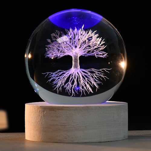 ZRENJHUS 3D Tree of Life Crystal Ball 60mm Life Tree Globe Decor Tree Life Sphere Glass Decorative Ball Tree of Life Gifts for Women with Colorful Light Base
