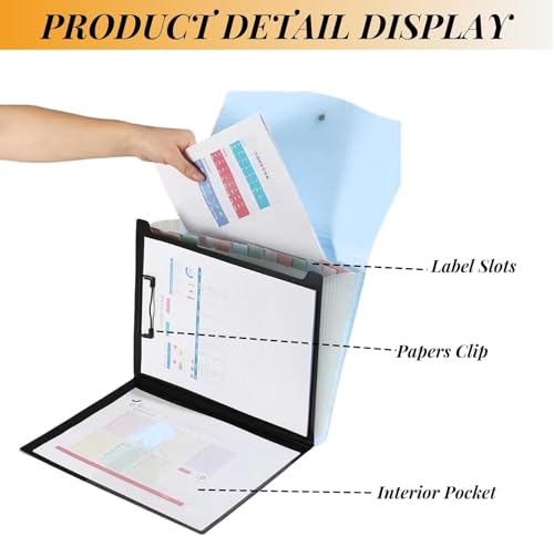 Image of 2-in-1 Expanding File Folder with Clipboard for Dual, Expanding Files Folder Document Letter A4 Size File Organizer with Handle and 13 Pockets for Important Papers /Letters (Light Blue)
