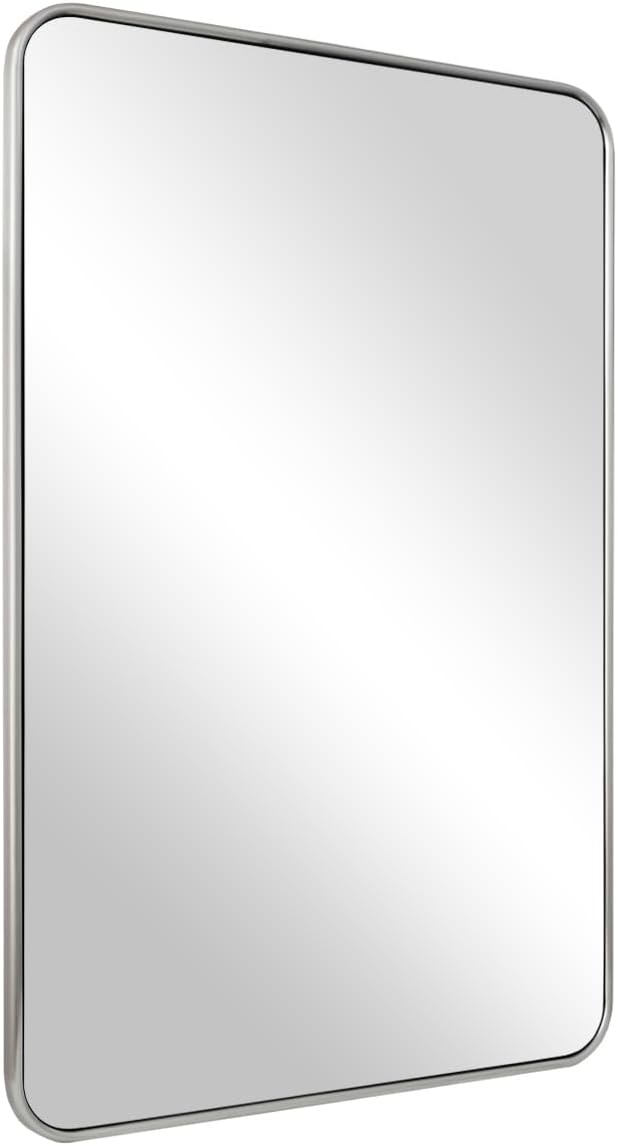ANDY STAR Brushed Nickel Mirror, Stainless Steel Metal Frame 24x36 Inch Bathroom Mirror for Over Sink, Modern Rounded Corner Slim Silver Vanity Mirror for Wall Mounted Horizontally or Vertically