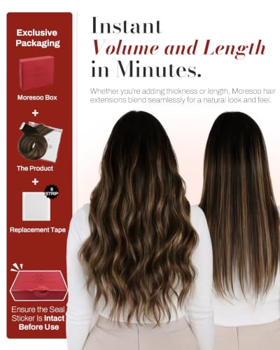 Image of Moresoo Brown Balayage Real Human Hair Extensions Tape in 22in 40Pcs 100g | Tape in hair extensions real human hair, fuller coverage, flat tabs, long layers for French twists and formal events