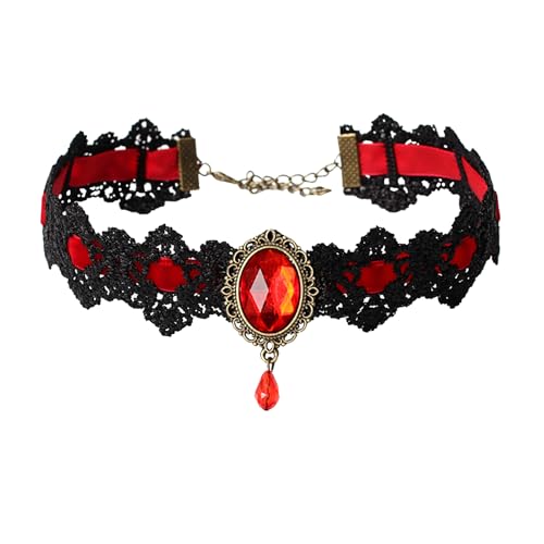 Red Choker, Halloween Vampire Lace Choker Necklace for Women, Vintage Royal Court Gothic Jewelry for Halloween Costumes, Rhinestone Choker, N03C