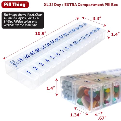 Image of XL Monthly Pill Organizer, Once-a-Day 31-Day Medication Storage Box w /Removable Lid, Extra Compartment for Additional Pills, BPA-Free (XL Blue - 1 Count) (Pack of 2)