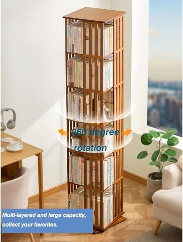 Image of 360 Rotating Bookshelf - Bamboo Storage Display Rack | Open Design Shelving for Living Room, Study Room, Office | Standing Shelves Size - 72'' x 18'' x 18'' Inch